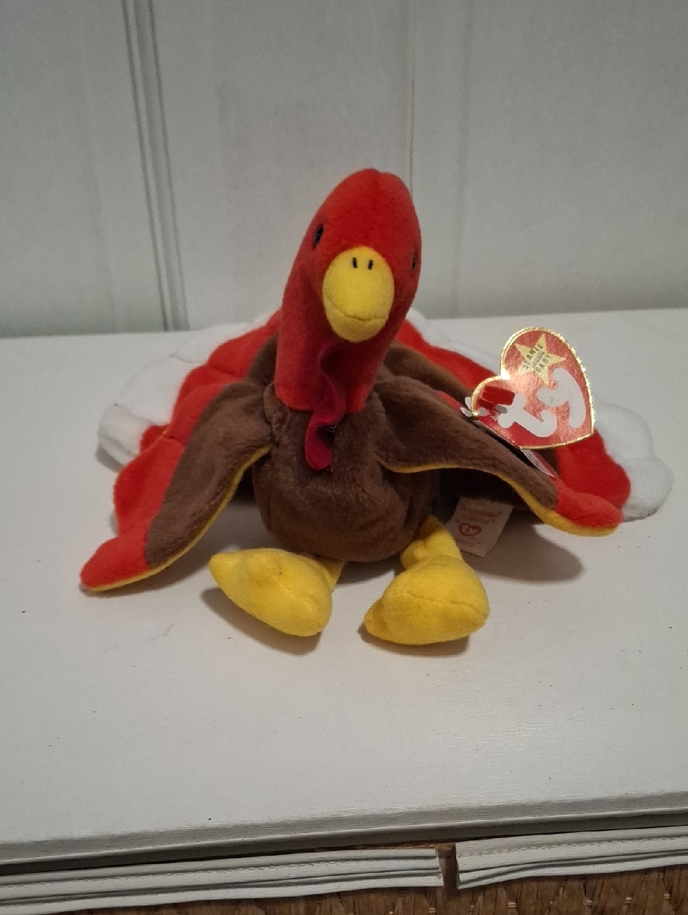 Ty Beanie Baby Plush Gobbles The Turkey in Brown, Red, Yellow & White